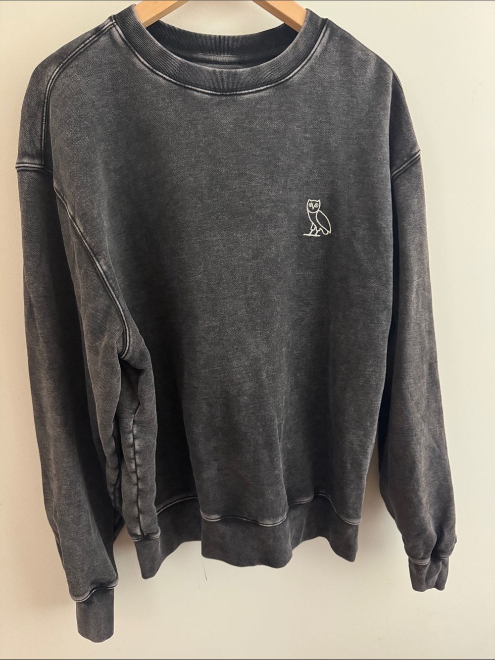 OVO Black Washed Crewneck with Owl Logo Size Large